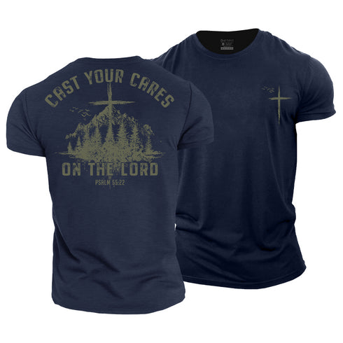 Navy blue t-shirt with graphic design and text on a white background